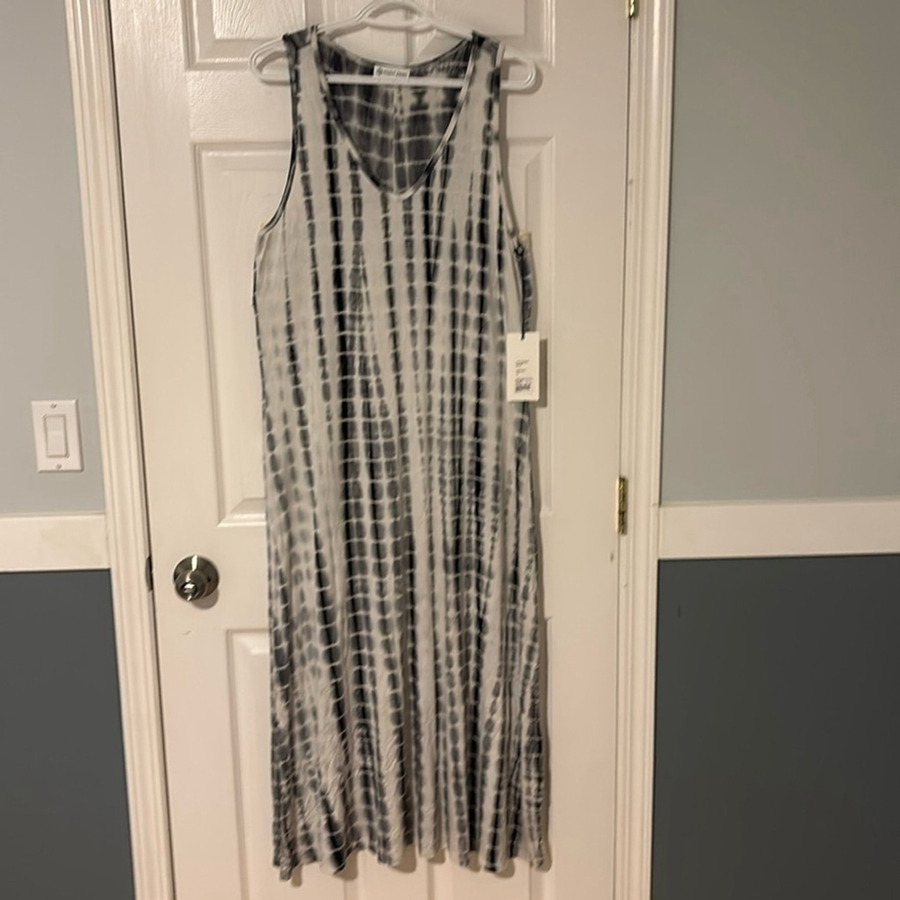 POINT ZERO maxi dress jersey knit indigo print sleeveless v-neck white black lge - Picture 3 of 13